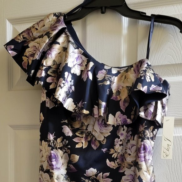 Eliza J Dress, Floral One-shoulder Navy-Blue, Size 12, NEW with TAG - Picture 2 of 12